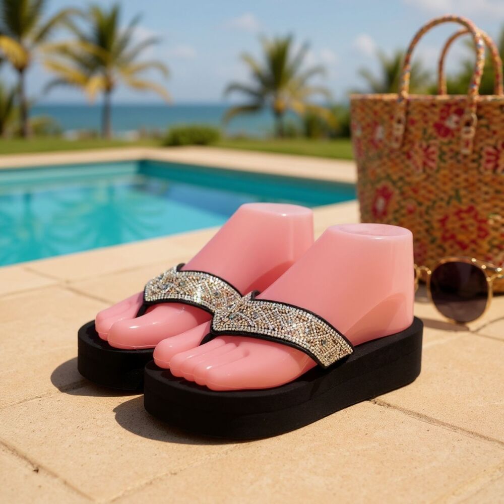 Kelly & Katie Womens Black Gold Flip Flops Rhinestones Size 6M